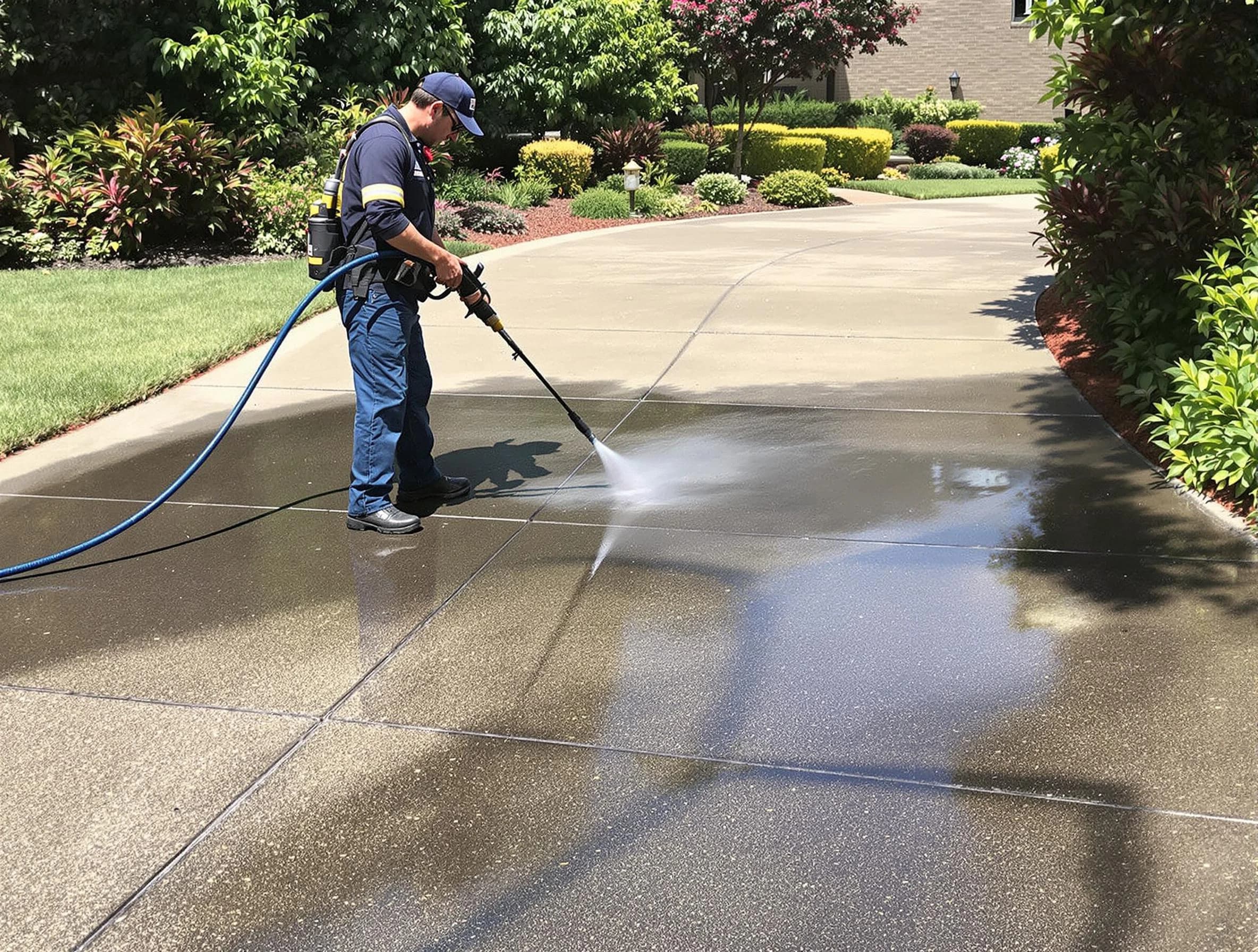 Experienced Aurora Power Washing team member pressure washing a driveway in Aurora